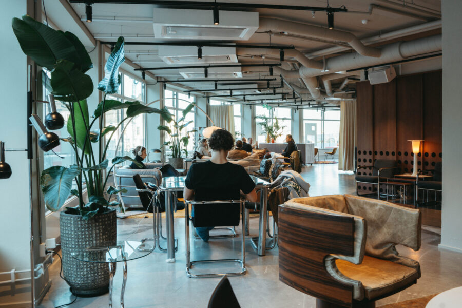 Seating area with dining table by panoramic window