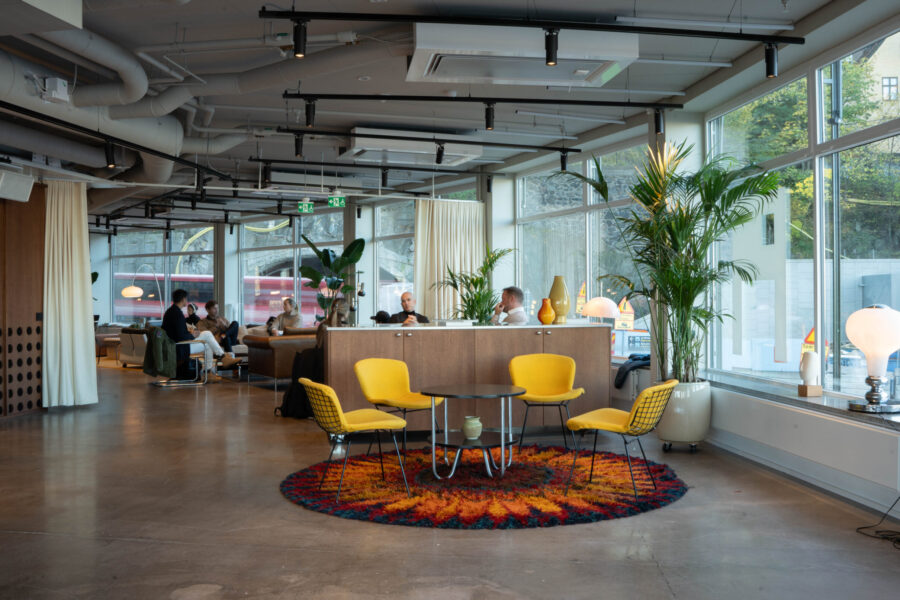 Yellow seating area by a panoramic window